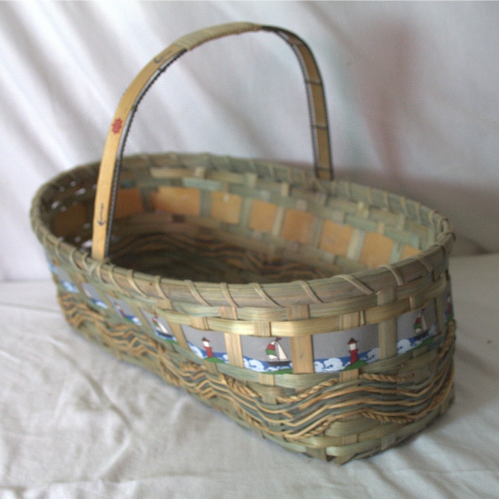 Woven Basket with Handle Nautical Sailboat‎ Lighthouse Coastal Decor